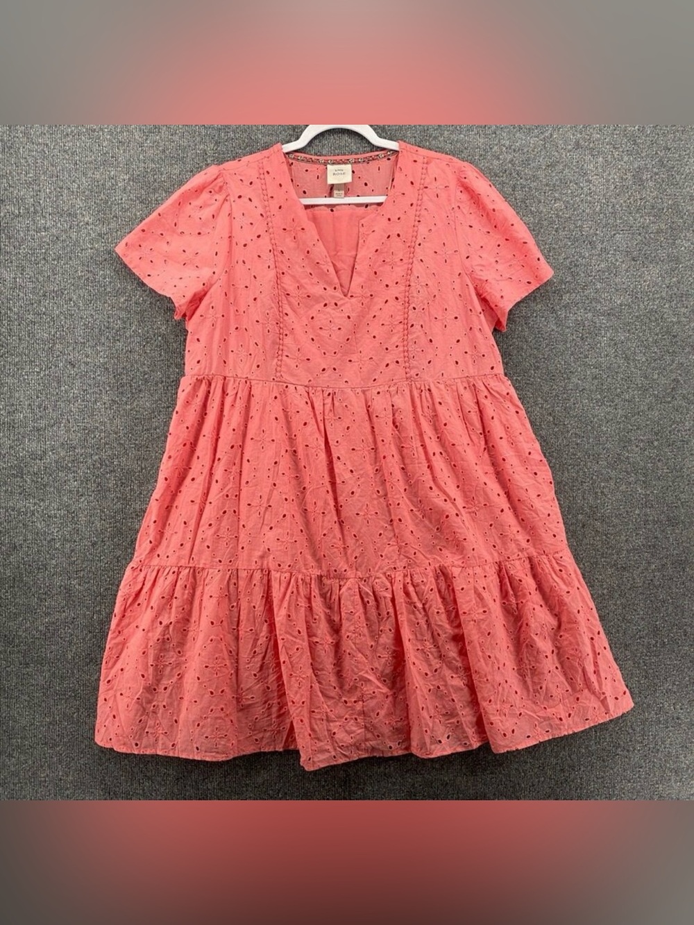 Knox Rose Dress Womens L Coral Eyelet Short Sleeve Cottagecore‎ Boho Western